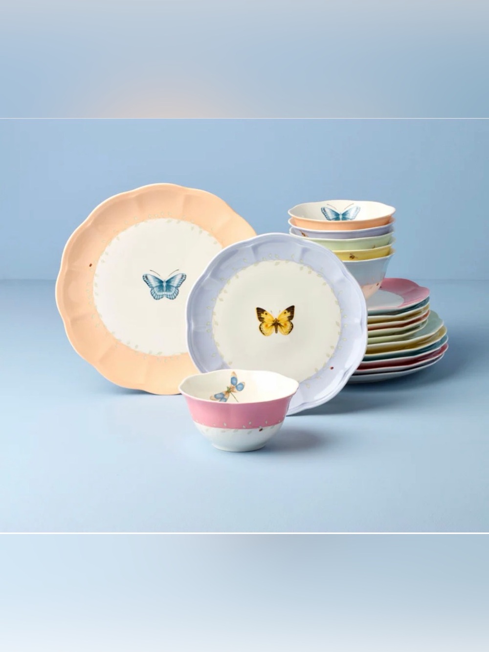 Butterfly Pastel Porcelain Salad Plate and Bowl Set - Pink, Peach, Lavender